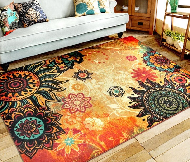 EUCH Contemporary Boho Retro Style Abstract Living Room Floor Carpets,Non-Skid Indoor Large Area Rugs,52"x75" Lotus - Image 1